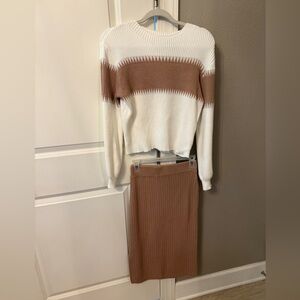 SHEIN Ribbed Knit Sweater and Skirt Set - White